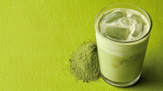 Iced matcha latte drink with vibrant green powder on matching green background creating a refreshing and modern beverage concept
