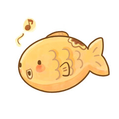 Watercolor illustration of a cute taiyaki character singing, kawaii Japanese fish-shaped cake, pastel tone, transparent background, copy space