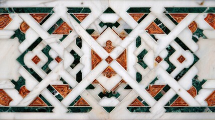 Intricate Geometric Marble Inlay Pattern with Dark Green and Terracotta Accents