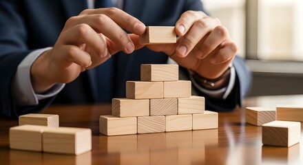 Businessman building a pyramid of wooden blocks on a table for business concept