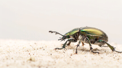 Detailed macro profile of a brown and black spotted beetle crawling across fine sand; high-key background for copy space.