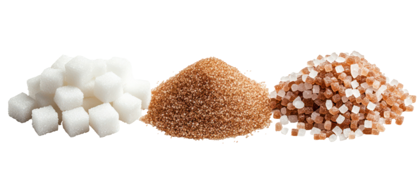 Three Piles of Sugar, White and Brown, in Cylinder, Cube, and Irregular Shapes on Transparent Background
