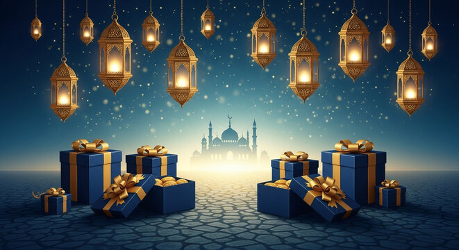 Islamic festival with lanterns, gifts, and mosque silhouette - Powered by Adobe