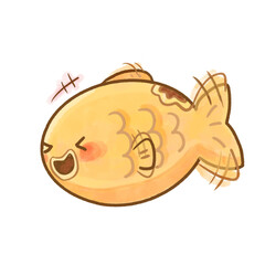 Watercolor taiyaki character laughing with joy, funny Japanese sweets illustration, traditional food with copy space and transparent background