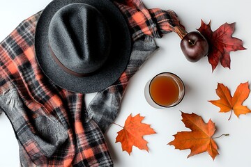 A cozy autumn outfit laid flat: plaid scarf, felt hat, and leather gloves paired with a glass of warm apple cider and a few maple leaves on a white surface 
