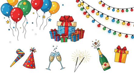 Party Frame with Balloons, Presents, and Confetti – Celebration Illustration