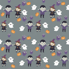 A cute, seamless vector pattern featuring cartoon Halloween characters on a medium gray background. Perfect for children's fabric, wrapping paper, or Halloween projects.