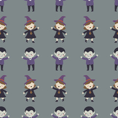 A cute, seamless vector pattern featuring cartoon Halloween characters on a medium gray background. Perfect for children's fabric, wrapping paper, or Halloween projects.