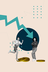 Collage of business person people and falling coins with downward arrow symbolizing financial global world crisis