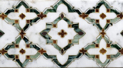 Intricate White Marble Inlay with Dark Green and Brown Gemstone or Stone Floral Pattern