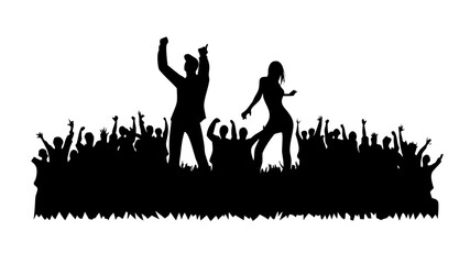 Energetic crowd silhouette cheering and dancing at concert, vibrant nightlife scene, perfect for event promotions, music posters, or youthful designs, vector graphics