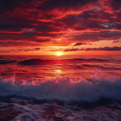 Beautiful sunset over the calm sea and beach with colorful sky and reflections