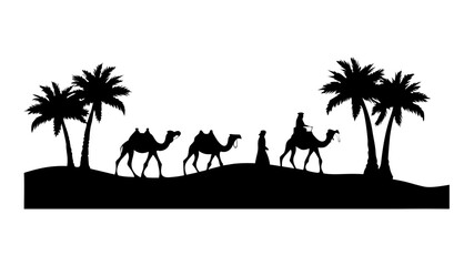 Evocative silhouette of desert caravan journeying beneath palm trees, conveying adventure and exotic travel perfect for branding and design projects