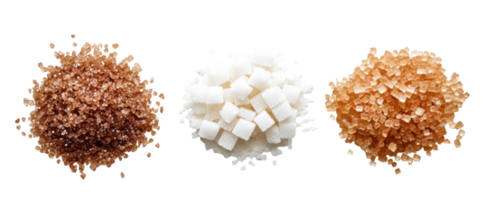 Three Piles of Sugar, White and Brown, in Diamond, Cube, and Triangle Shapes on Transparent Background