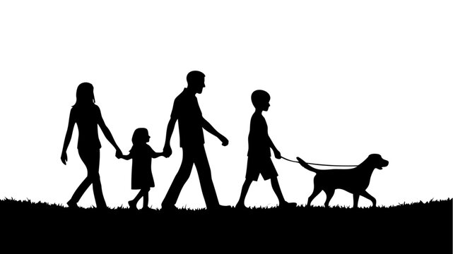 Heartwarming silhouette of a family walking their dog in a park, enjoying a peaceful afternoon, promoting family time and outdoor activities with pets