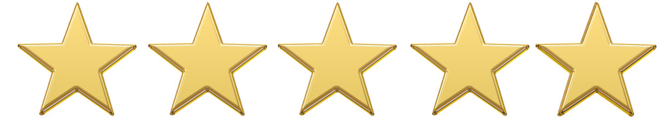 Realistic shiny golden five star rating icon isolated on transparent background, luxury 3D review badge for feedback, rating, and quality approval visuals