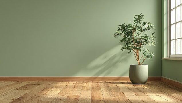 Room with a green wall, monstera in a pot, and wooden floor - Powered by Adobe