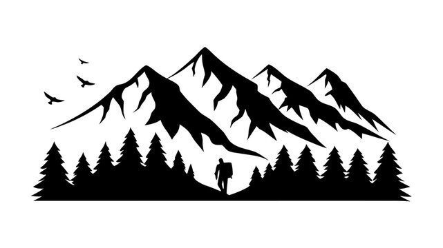 Inspirational mountain peak silhouette with hiker and pine trees, perfect for adventure travel blogs and outdoor recreation brands, originally from vector graphics