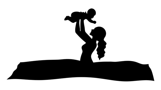 Celebrating motherhood, a mother's silhouette joyfully lifts her baby in the air, embodying love, family, and the beautiful bond between parent and child