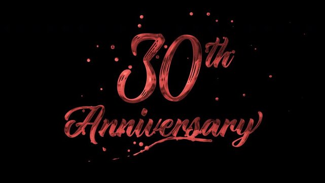 30th anniversary text animation in red metallic effect. suitable for celebrating special occasions, invitations, anniversary cards and social media. Includes alpha channel for any background.