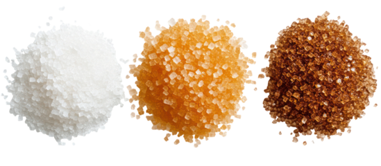 Three Piles of Sugar, White and Brown, in Hexagon, Rectangle, and Round Shapes on Transparent Background