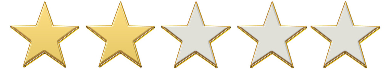 Realistic shiny golden two star rating icon 3D feedback symbol showing below average score and moderate customer satisfaction concept design