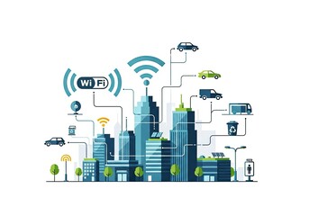 Obraz premium Modern smart city powered by WiFi connecting eco-friendly transportation, solar panels, recycling, and security cameras for a sustainable future