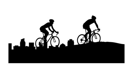 Obraz premium Dynamic cyclists silhouette riding through city hills, capturing fitness, adventure, and urban exploration in a single powerful design, scalable vector graphic