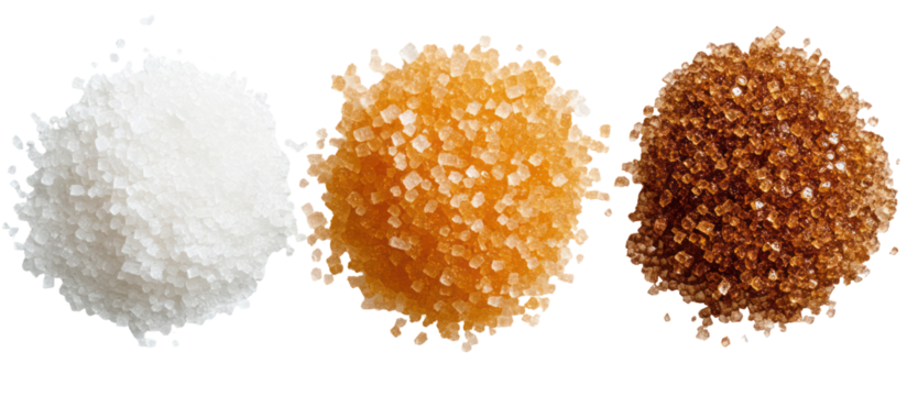 Three Piles of Sugar, White and Brown, in Hexagon, Rectangle, and Round Shapes on Transparent Background