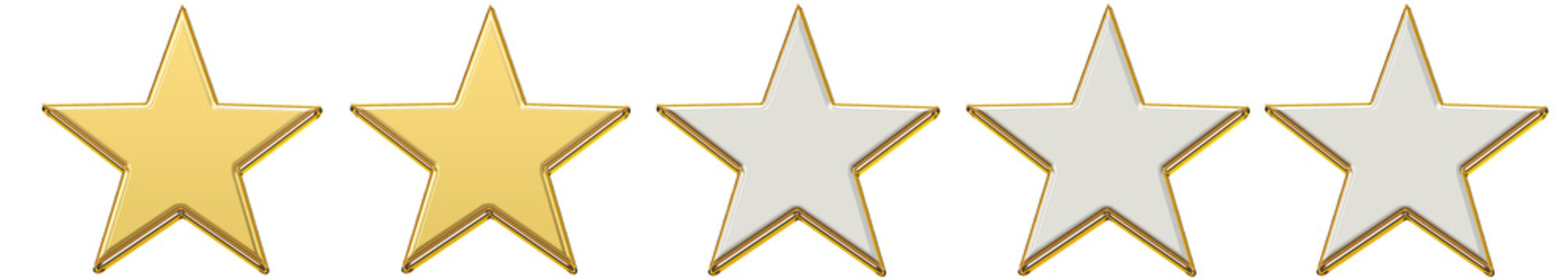 Realistic shiny golden two star rating icon 3D feedback symbol showing below average score and moderate customer satisfaction concept design