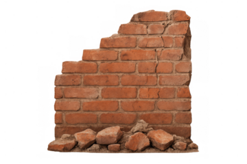 Broken red brick wall showing demolition and decay, with crumbled masonry and rubble at its base, on a transparent background