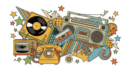 Retro pop art illustration of vintage music and technology objects with cassette, vinyl, boombox, and old television