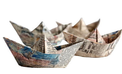 Obraz premium Three paper boats, crafted from old newspapers, sit in a group. The boats are slightly varied in shape and the aged paper displays images and text
