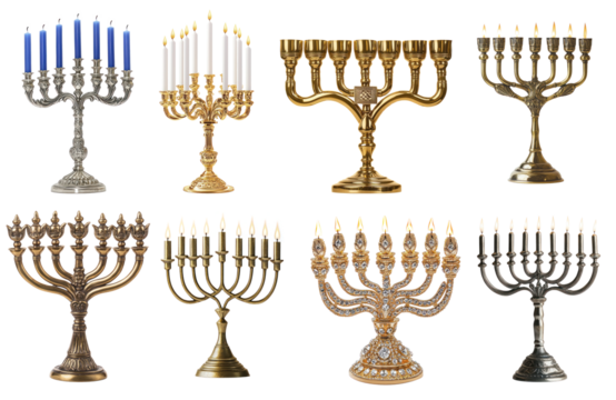 A collection of various menorahs with different designs and colors. - Powered by Adobe
