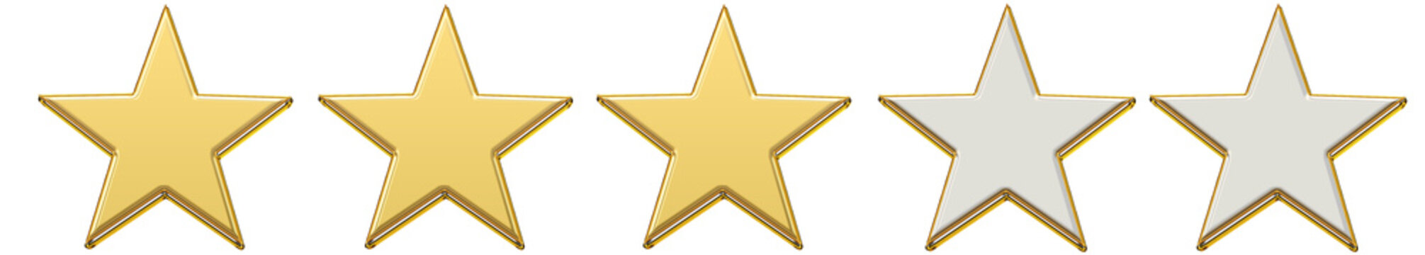 Golden three star rating realistic 3D review symbol shiny metallic feedback badge representing average score and moderate satisfaction level