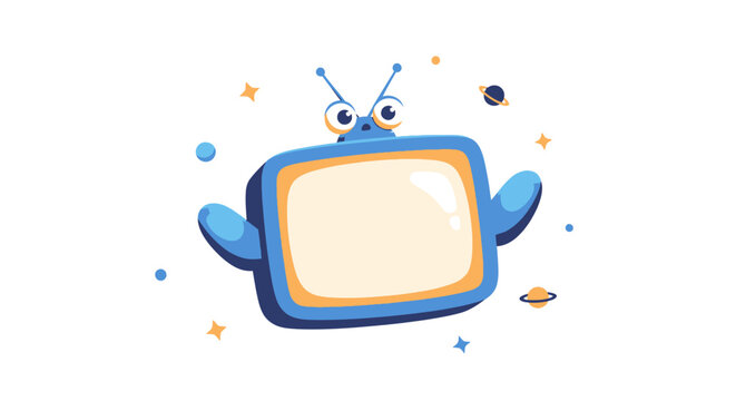 A blue cartoon television with antennae and big eyes floats amidst colorful stars and planets on a white background.