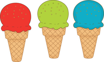 Colorful cartoon ice cream cones with sprinkles, cone clipart, fun food art