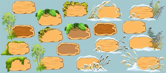 Cartoon game panels with swamp moss, forest lichen, liana branches, jungle leaves, ivy. Broken weed and snowdrifts. Marsh reed under snow. Swamp cattails, fern winter.  Vector signboards, frames.