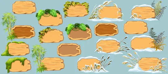 Cartoon game panels with swamp moss, forest lichen, liana branches, jungle leaves, ivy. Broken weed and snowdrifts. Marsh reed under snow. Swamp cattails, fern winter.  Vector signboards, frames. © valadzionakvolha