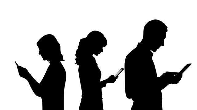 Modern communication era showing people absorbed in devices, black silhouette concept for social media, connectivity, and digital lifestyle in a vector design