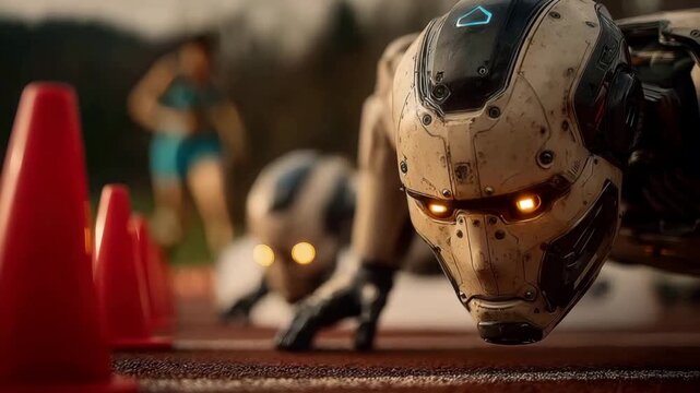 Robotic athletes poised to sprint at an outdoor track meet, futuristic cyborgs competing for victory and pushing limits of technology and sportsmanship