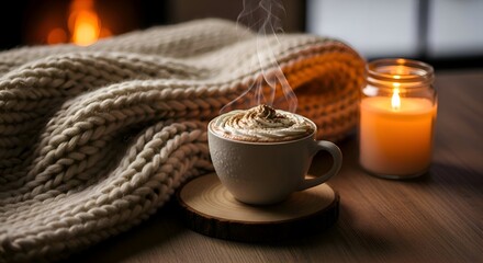 Cozy Winter Scene with Coffee and Candle.