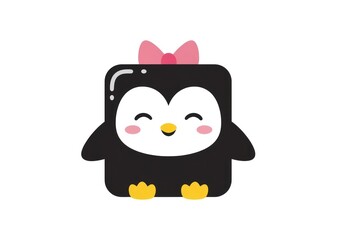 Cartoon penguin illustration with pink bow and smiling face on white background