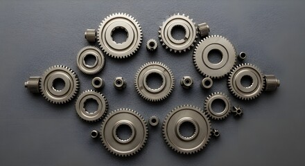 A collection of shiny metal gears and cogs arranged on a gray surface