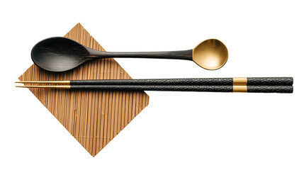 Modern minimalistic flat lay dragon-engraved ebony chopsticks on transparent background