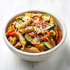 Rustic bowl of penne pasta with vegetables and parmesan on transparent background