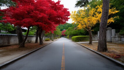 Naklejka premium Scenic road with vibrant autumn foliage in Kyoto Japan featuring colorful trees lining the path during fall season