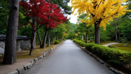 Naklejka premium Picturesque path through Japanese garden with vibrant maple trees in autumn offering serenity and scenic beauty