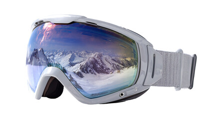 Ski goggles with reflection of snowy mountains tourism gear on transparent background