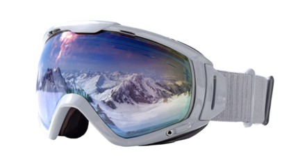 Ski goggles with reflection of snowy mountains tourism gear on transparent background